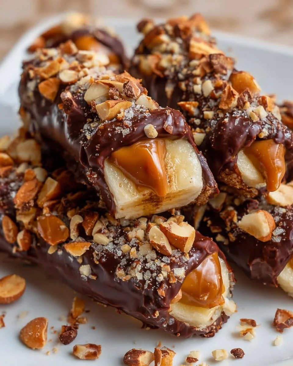 Delicious frozen banana snickers dessert with chocolate and peanuts