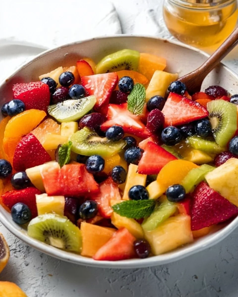 Colorful fruit salad with honey lemon dressing served in a bowl