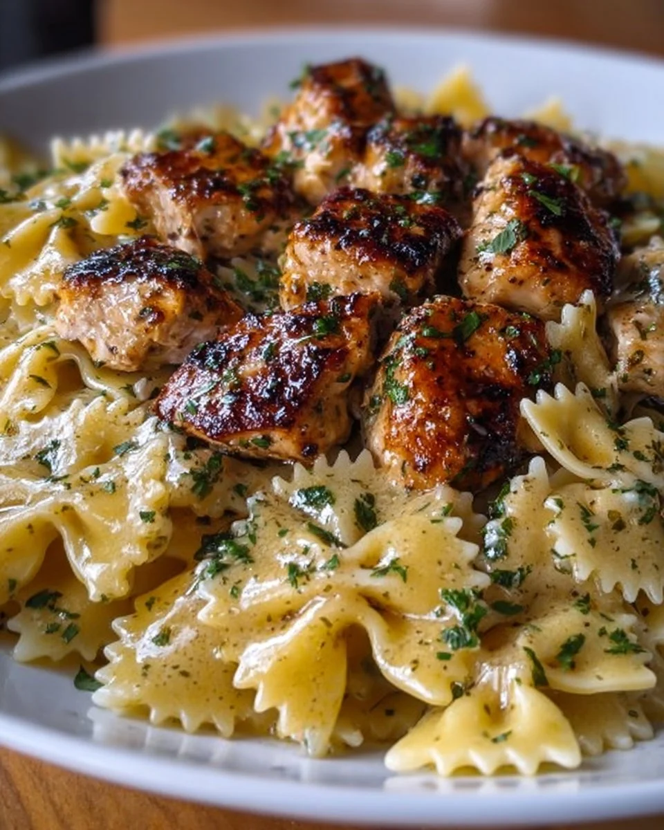 Garlic Butter Chicken with Bowtie Pasta served in a bowl