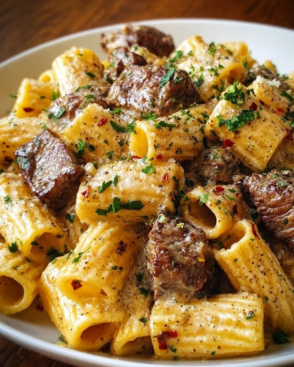 Creamy Garlic Butter Steak Rigatoni dish garnished with parsley