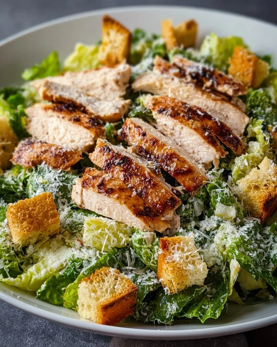 Grilled Chicken Caesar Salad topped with parmesan and croutons on a plate.