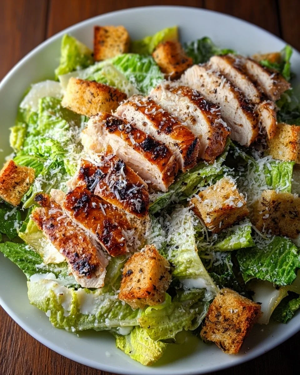 Delicious Grilled Chicken Caesar Salad with greens and dressing