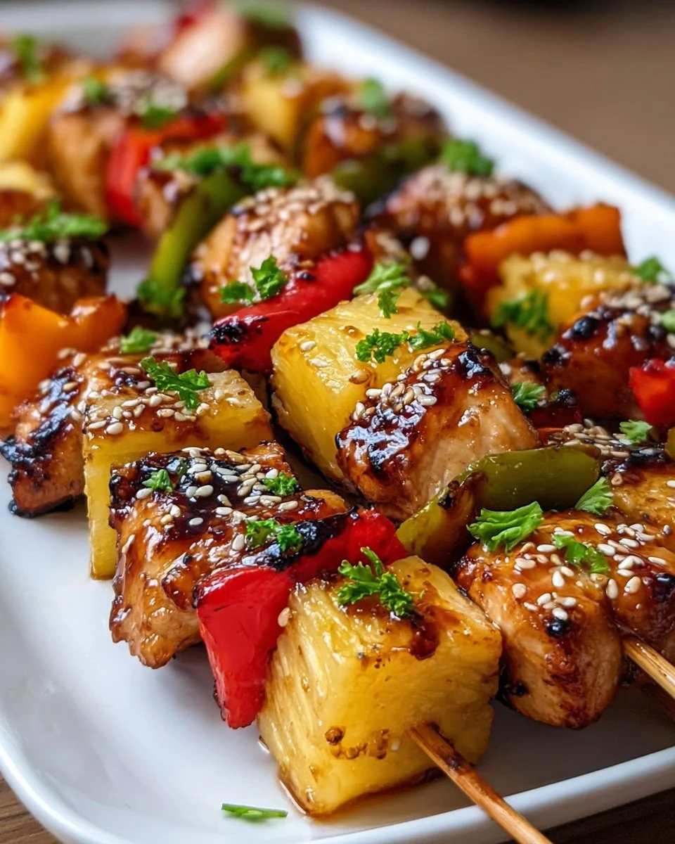 Grilled pineapple chicken kabobs served on a platter