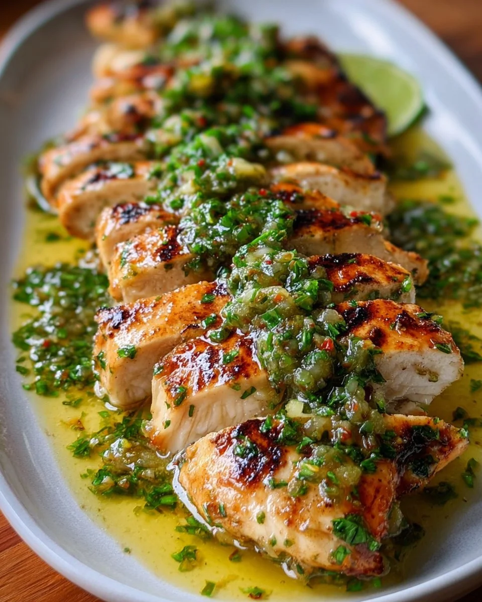 Grilled Salsa Verde Chicken topped with pepper jack cheese and fresh herbs
