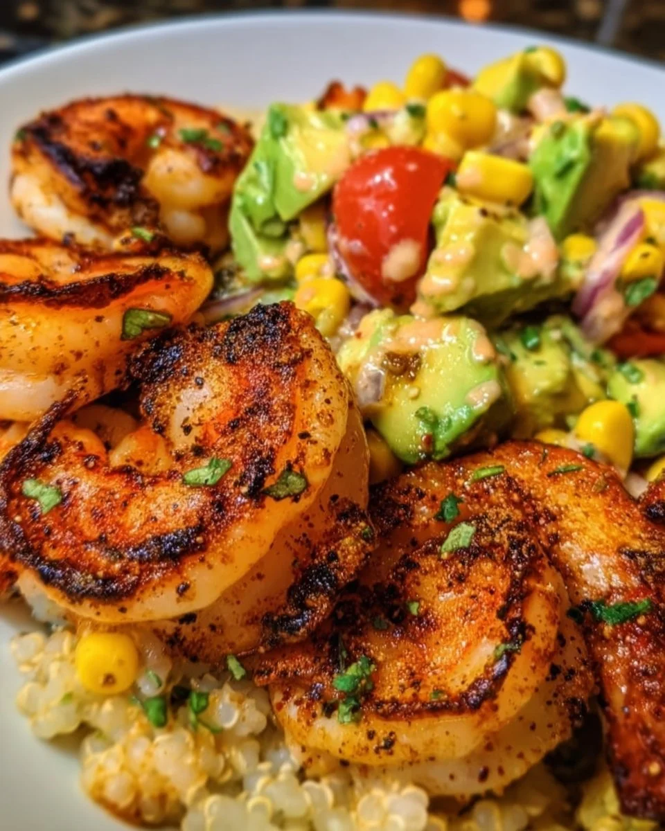 Grilled shrimp bowl with avocado corn salsa, garnished with fresh ingredients