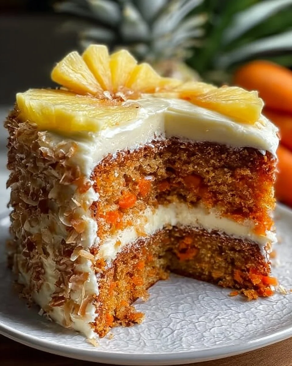 A slice of Hawaiian Carrot Pineapple Cake topped with cream cheese frosting.