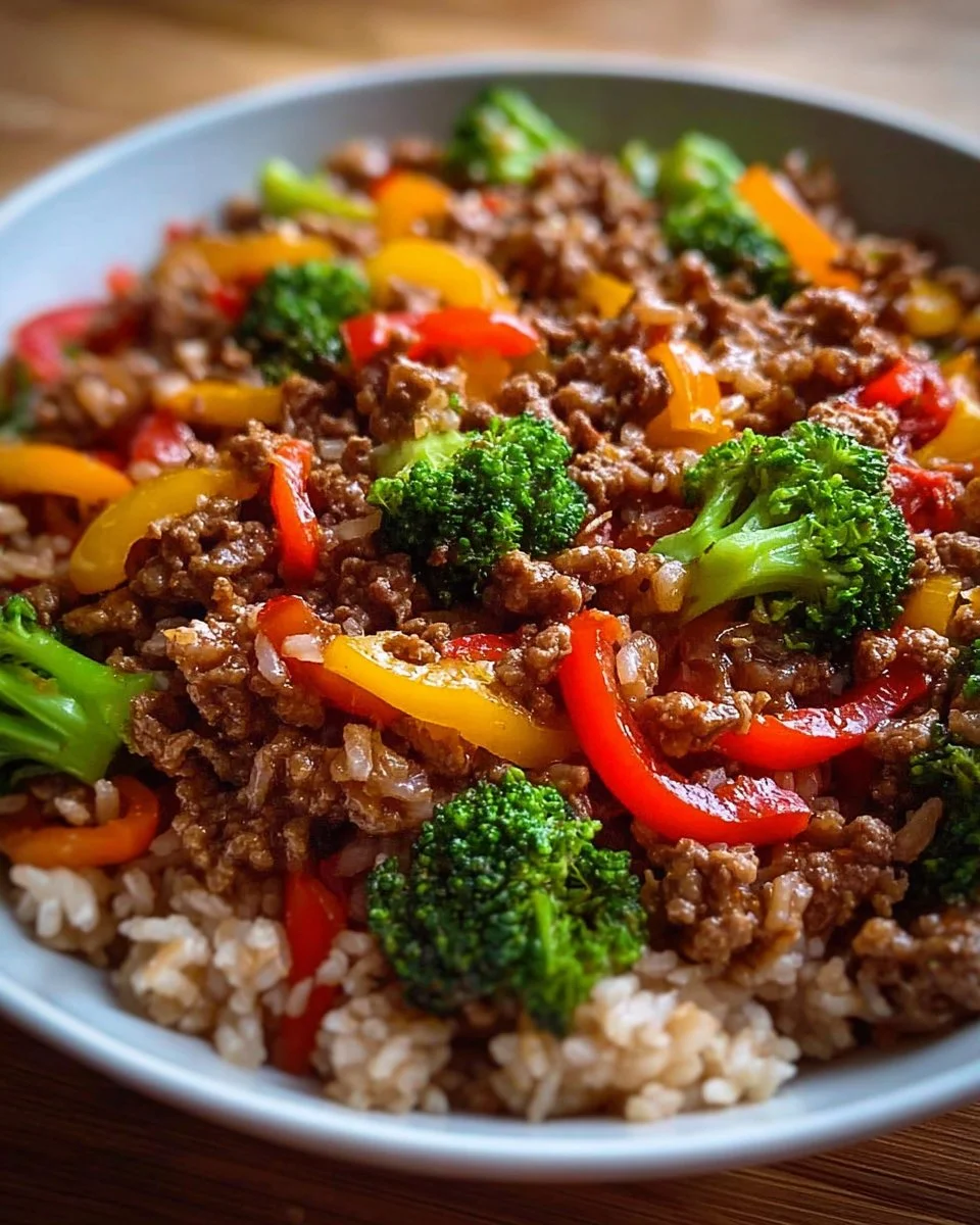 Healthy beef and pepper rice bowl with colorful vegetables and rice