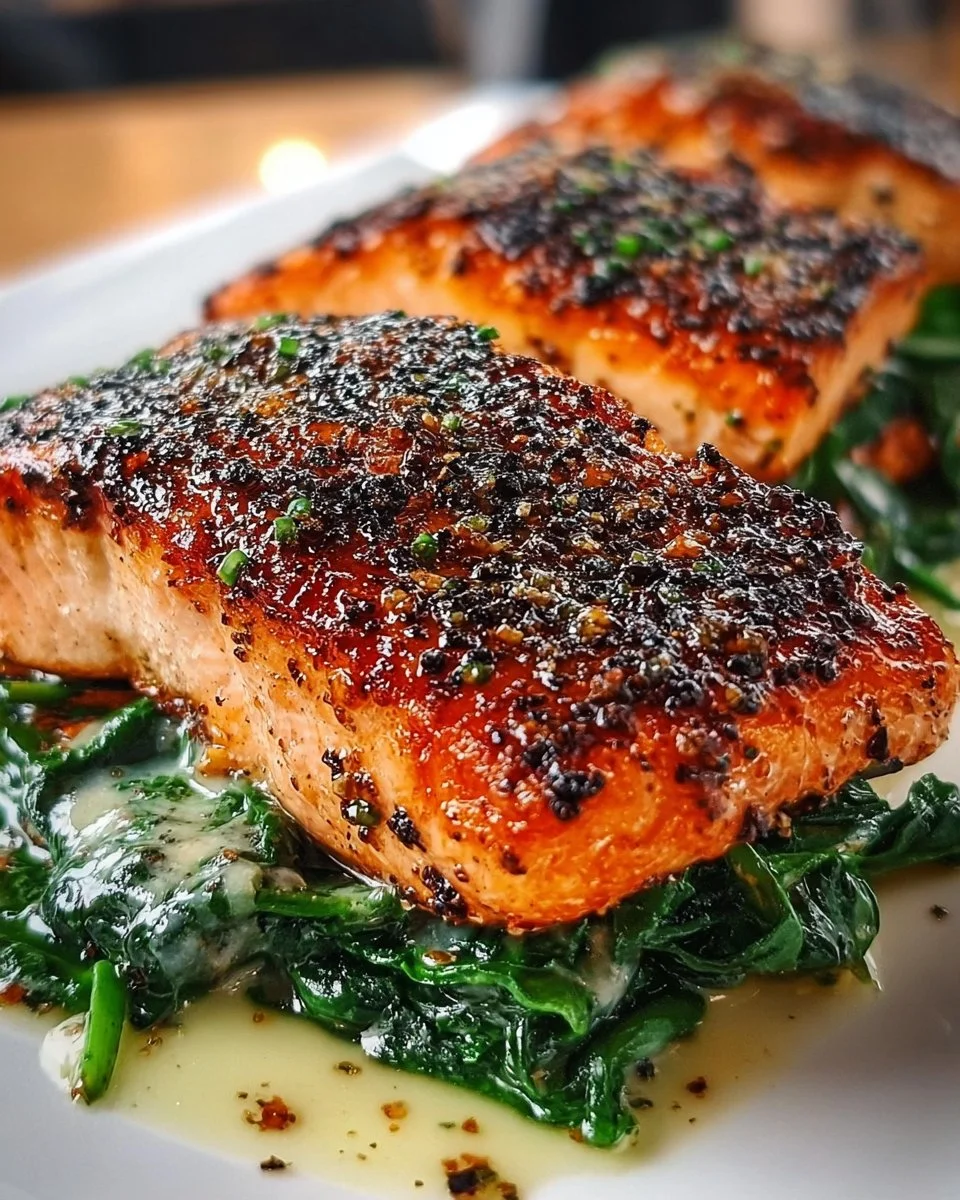 Delicious healthy blackened salmon with seasoned crust served on a plate