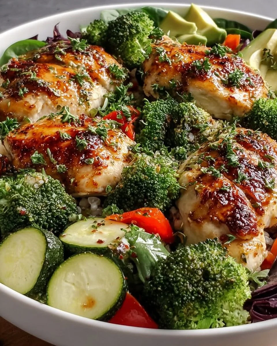 Healthy diabetic-friendly chicken veggie bowl with fresh ingredients