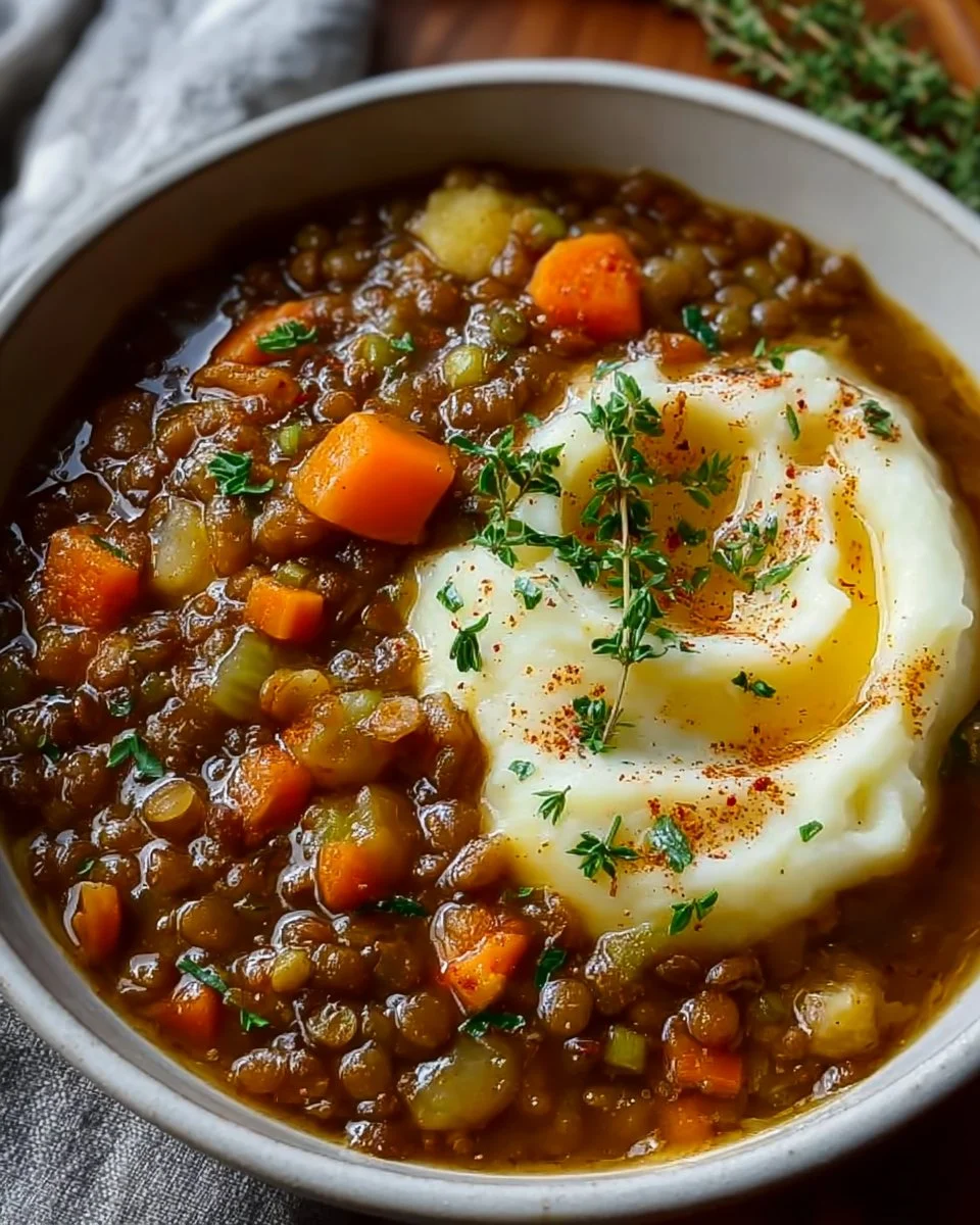 Hearty lentil stew served in a bowl with creamy mashed potatoes on the side.