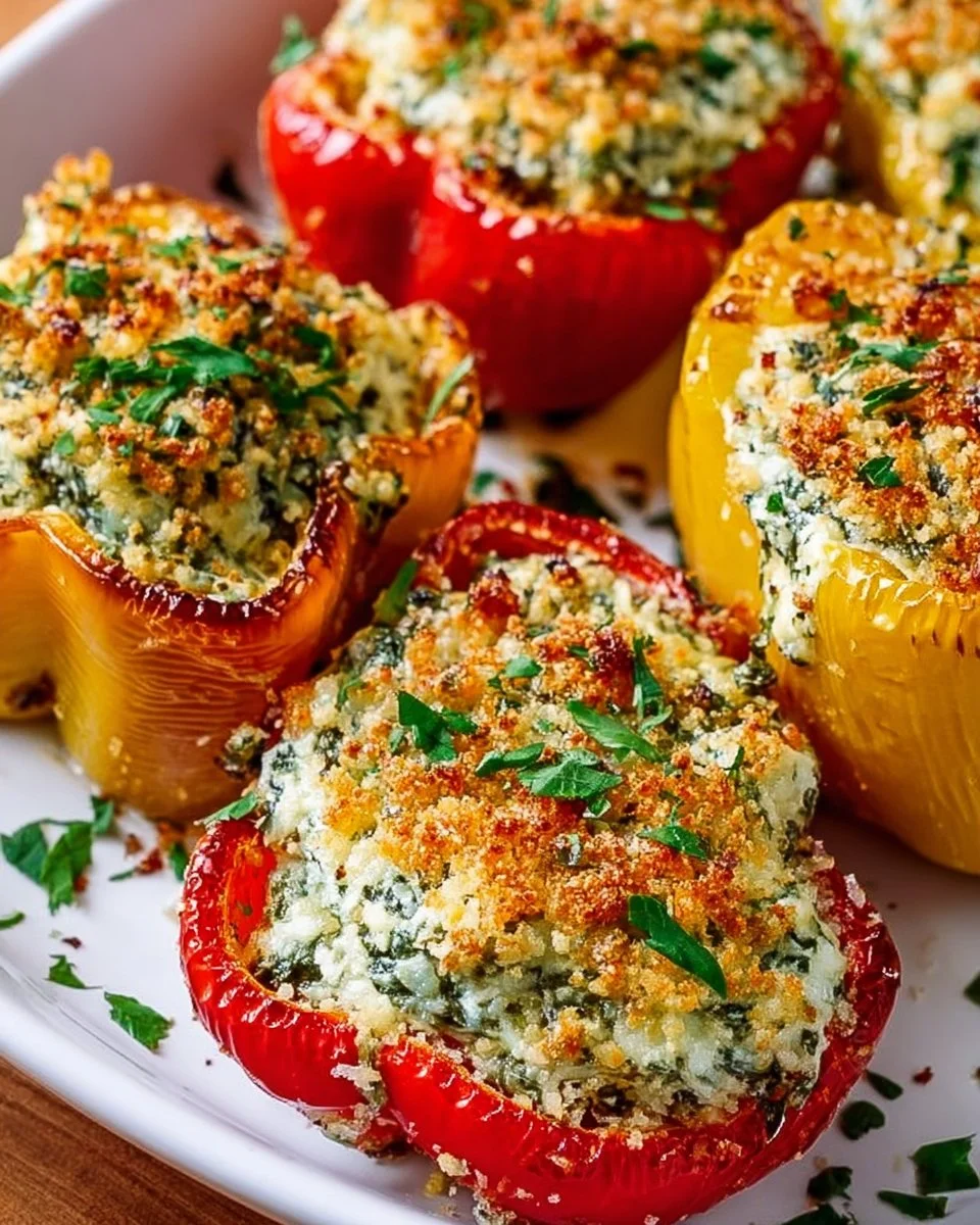 Herby ricotta stuffed peppers on a plate, ready to serve.
