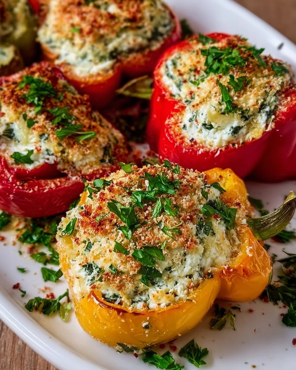 Herby ricotta stuffed peppers on a plate, garnished with herbs