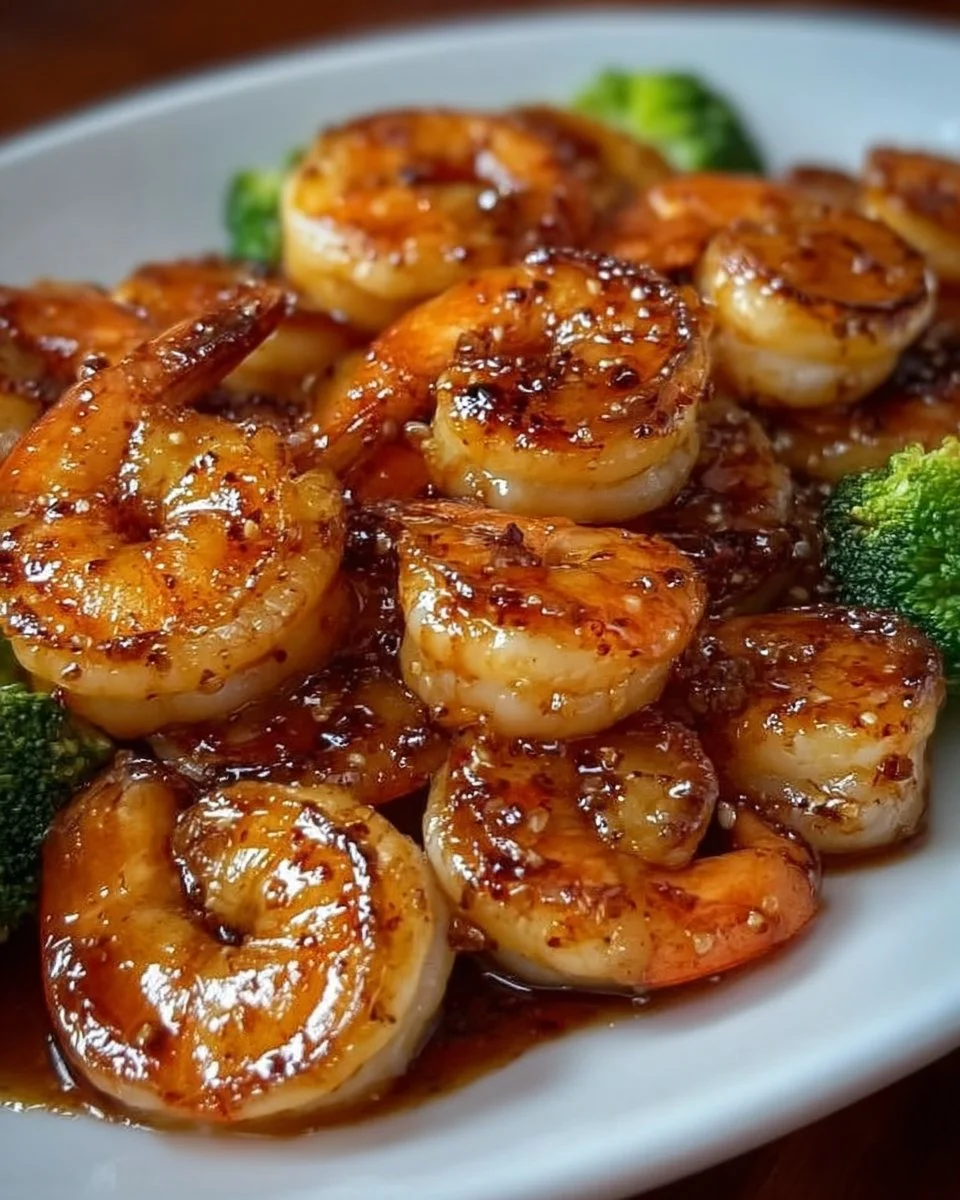High-protein honey garlic shrimp dish garnished with herbs and vegetables