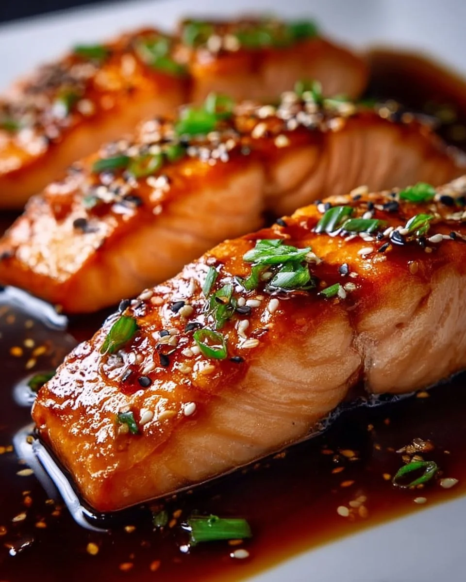 Delicious honey garlic glazed salmon on a plate garnished with herbs