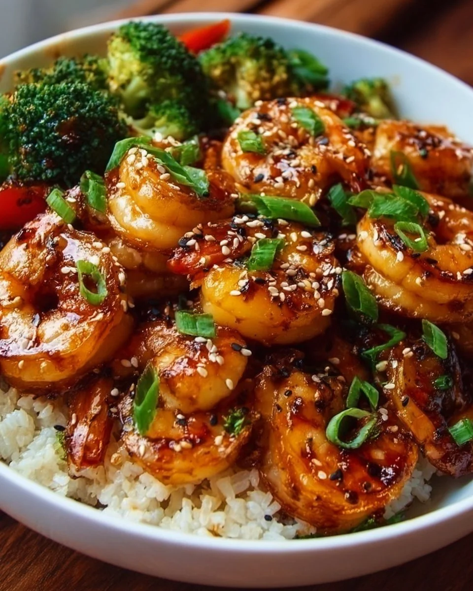 Honey garlic shrimp bowls with vibrant vegetables and rice.