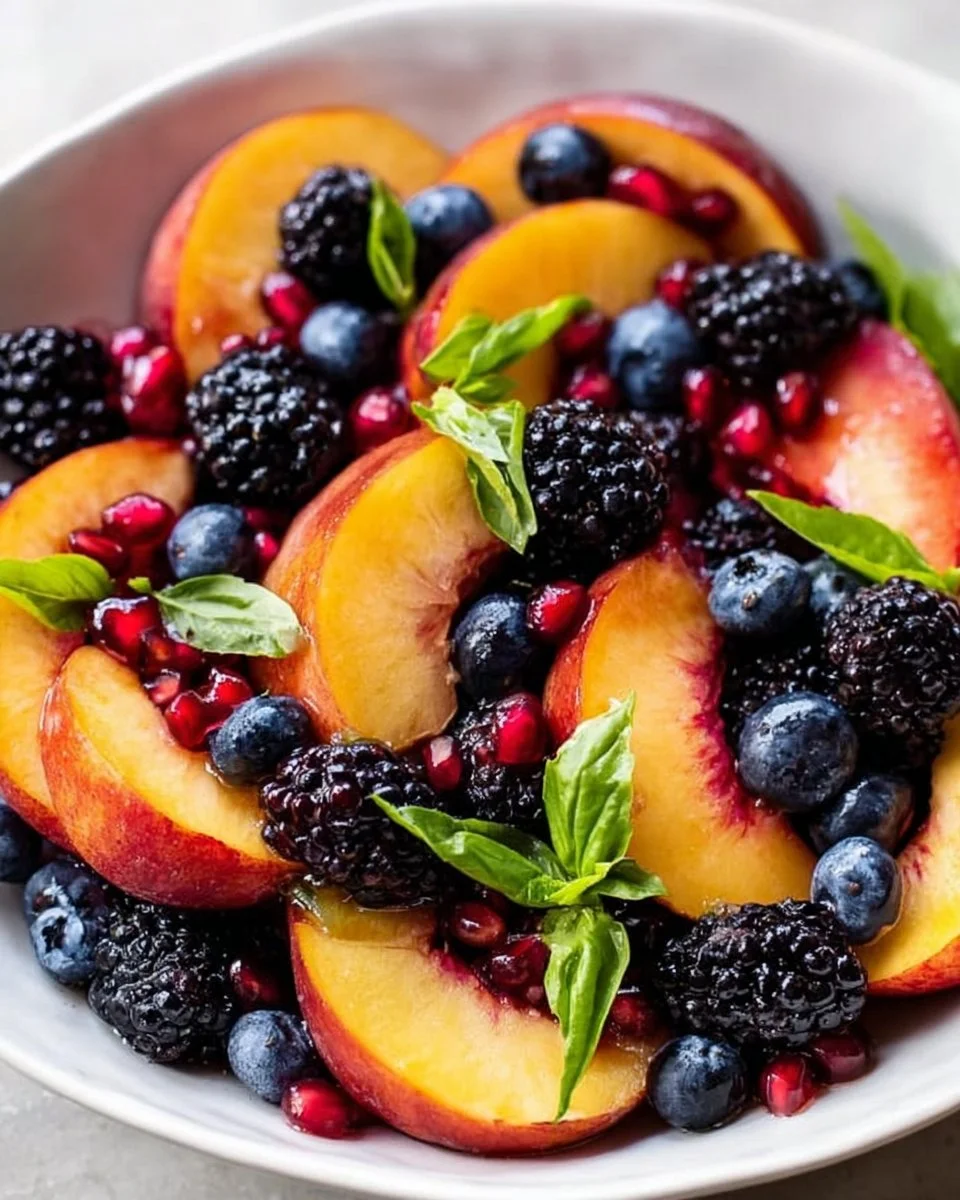 Honey Lime Basil Peach Fruit Salad served in a bowl with fresh peaches and herbs