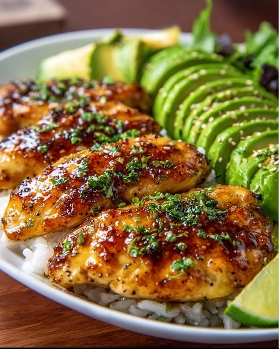 Honey Lime Chicken served with fresh avocado slices