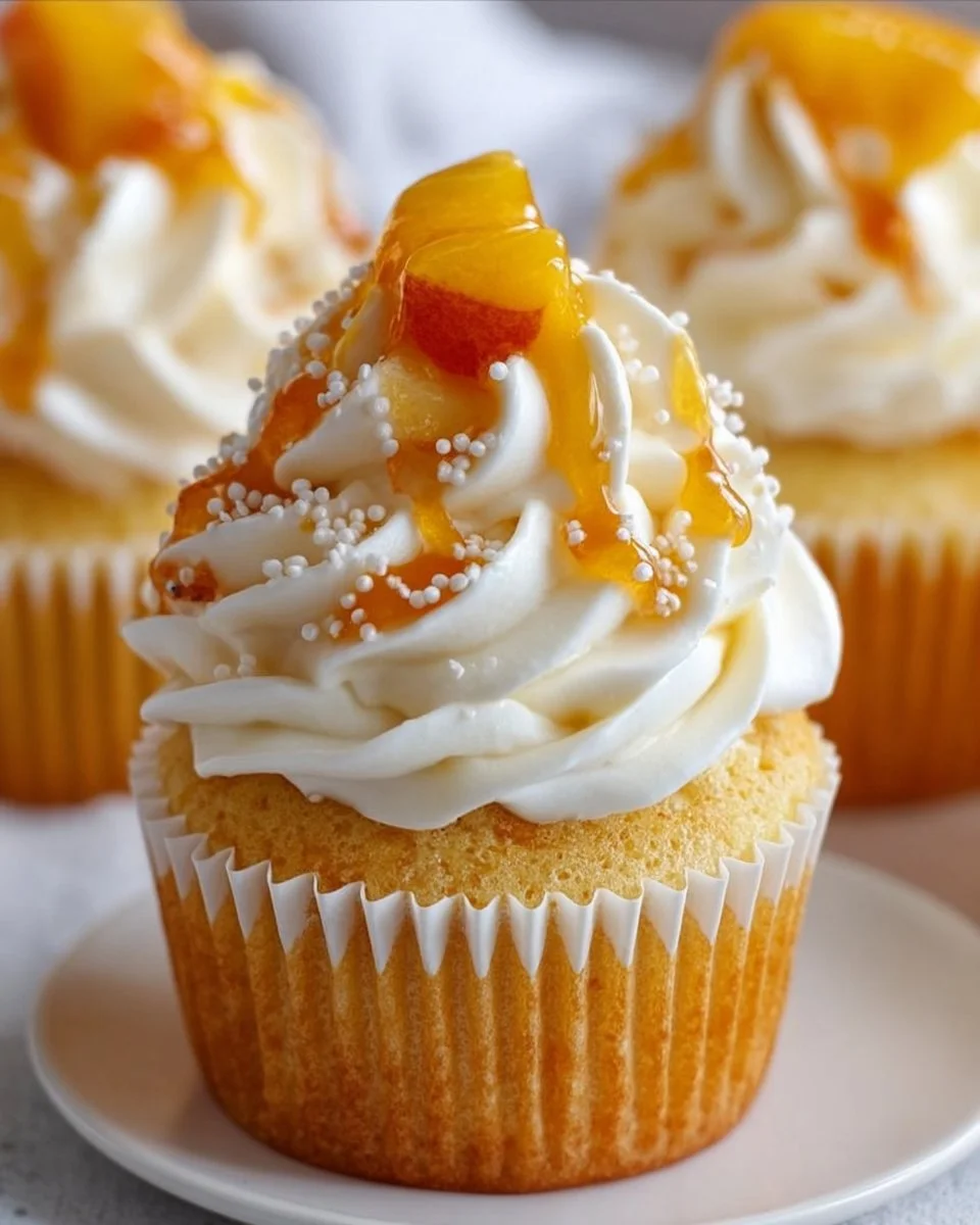 Honey peach cream cheese cupcakes topped with peach slices and cream frosting.