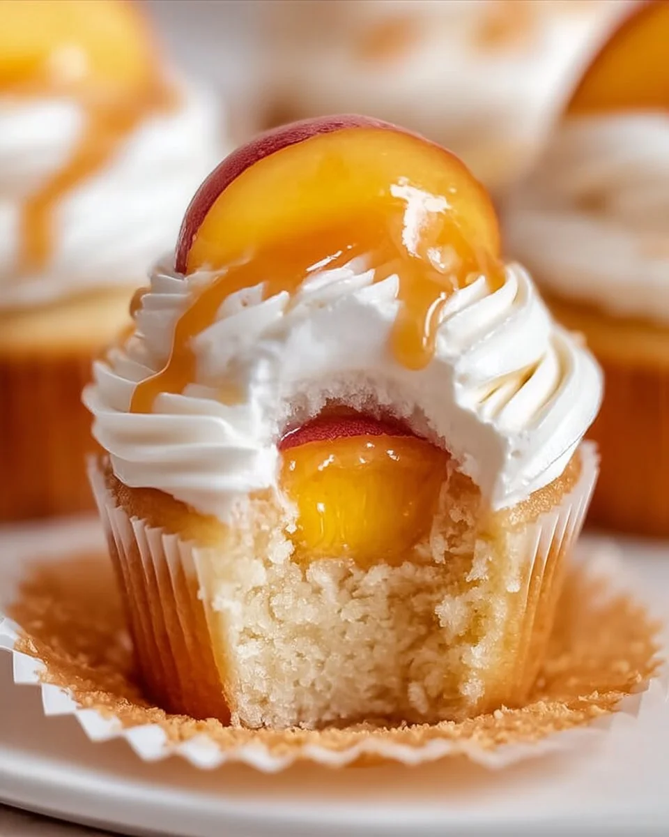 Honey peach cream cheese cupcakes topped with fresh peach slices.
