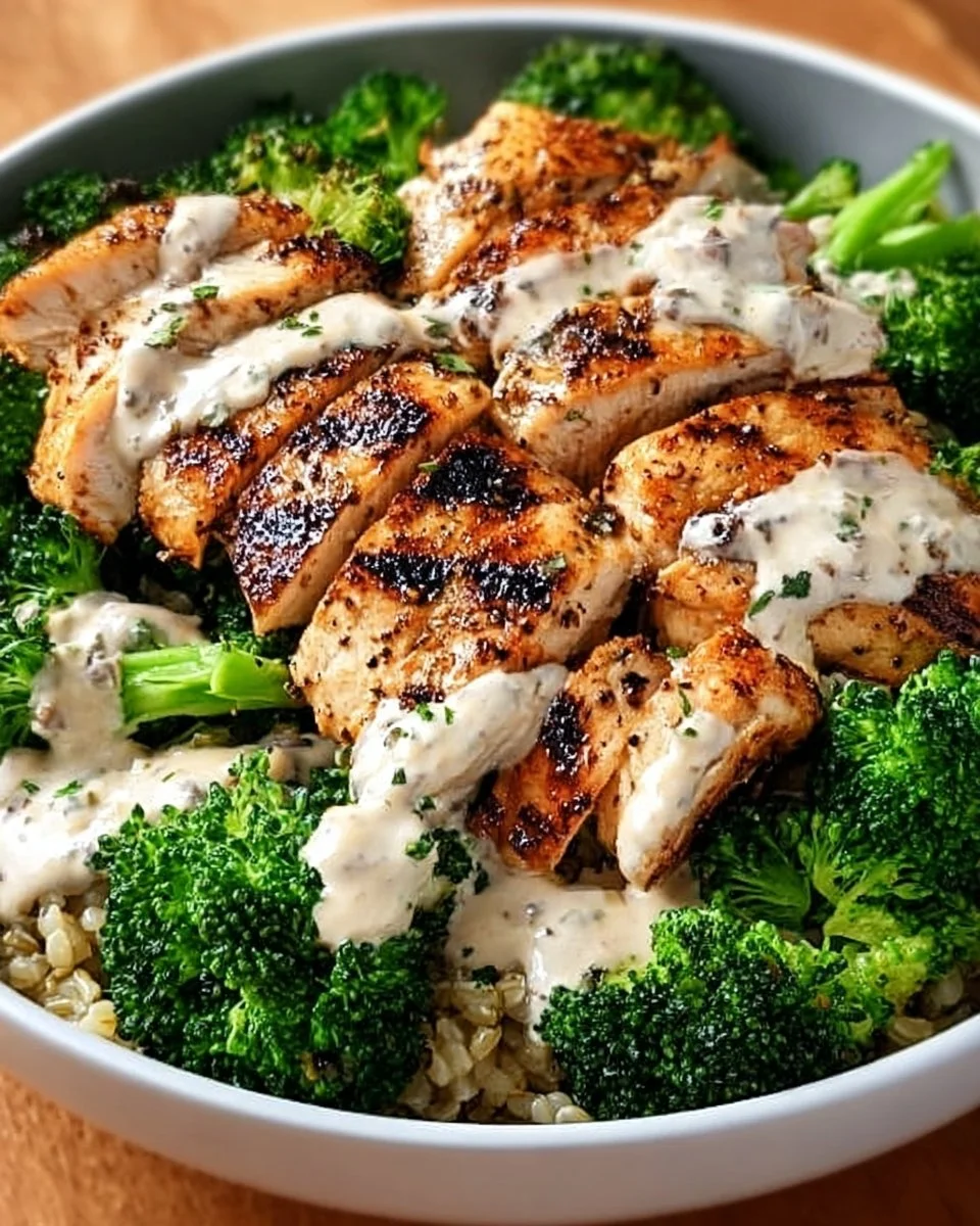 Grilled chicken bowl with broccoli and creamy garlic sauce