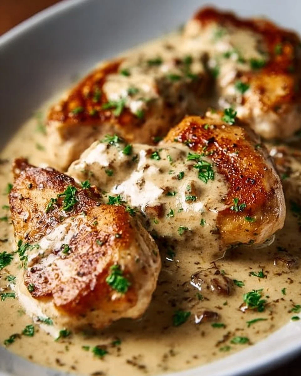 Plate of Irish Chicken in Whiskey Cream Sauce garnished with parsley.