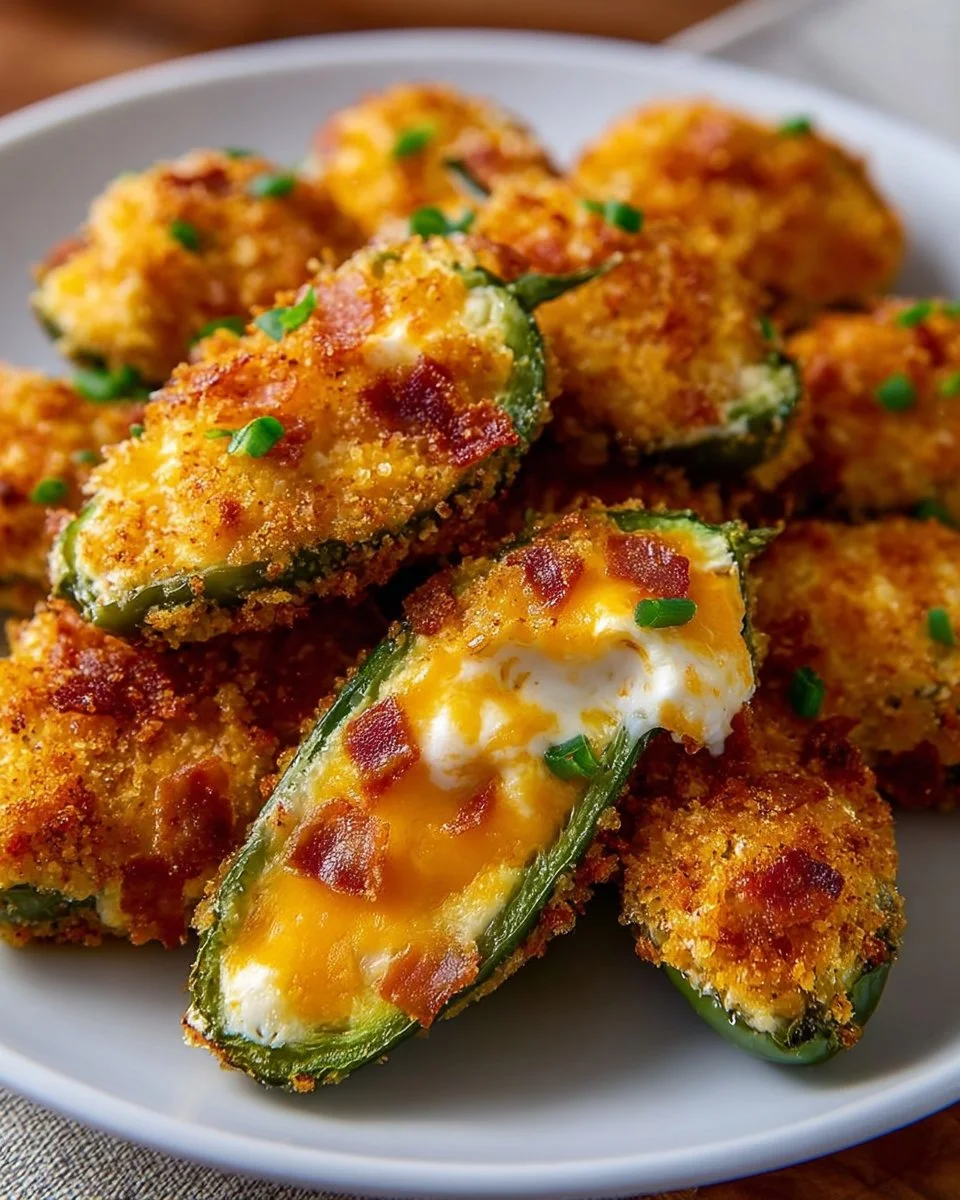 Plate of crispy jalapeño poppers stuffed with cheese and herbs