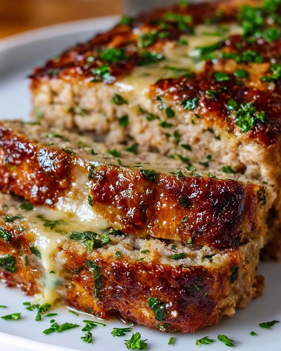 Deliciously juicy garlic parmesan chicken meatloaf served on a plate