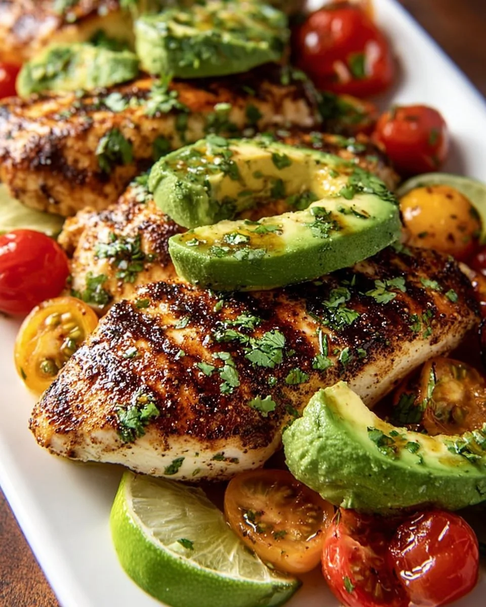 Juicy grilled avocado chicken served with fresh California avocados.