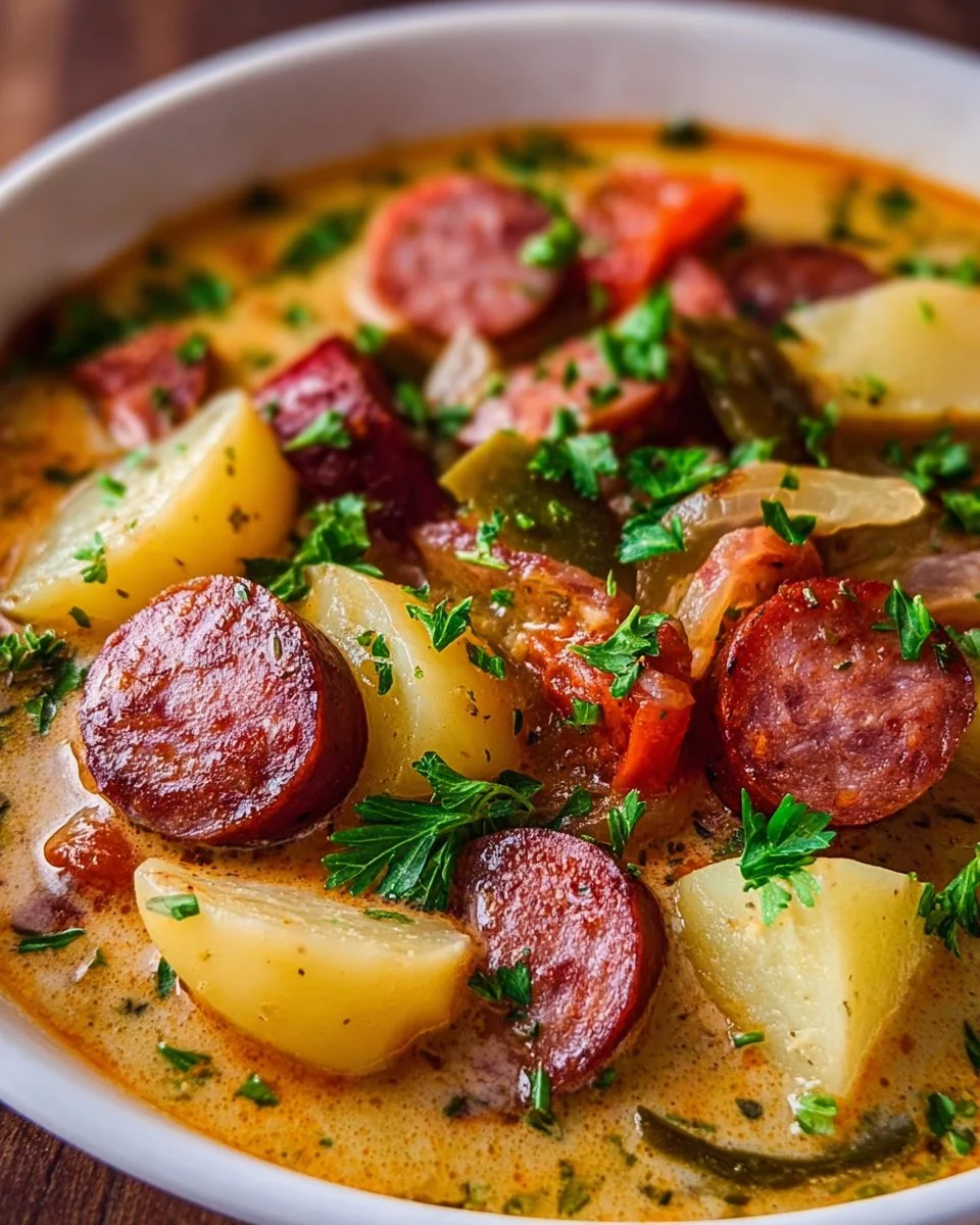 Bowl of kielbasa potato soup garnished with herbs and served hot.