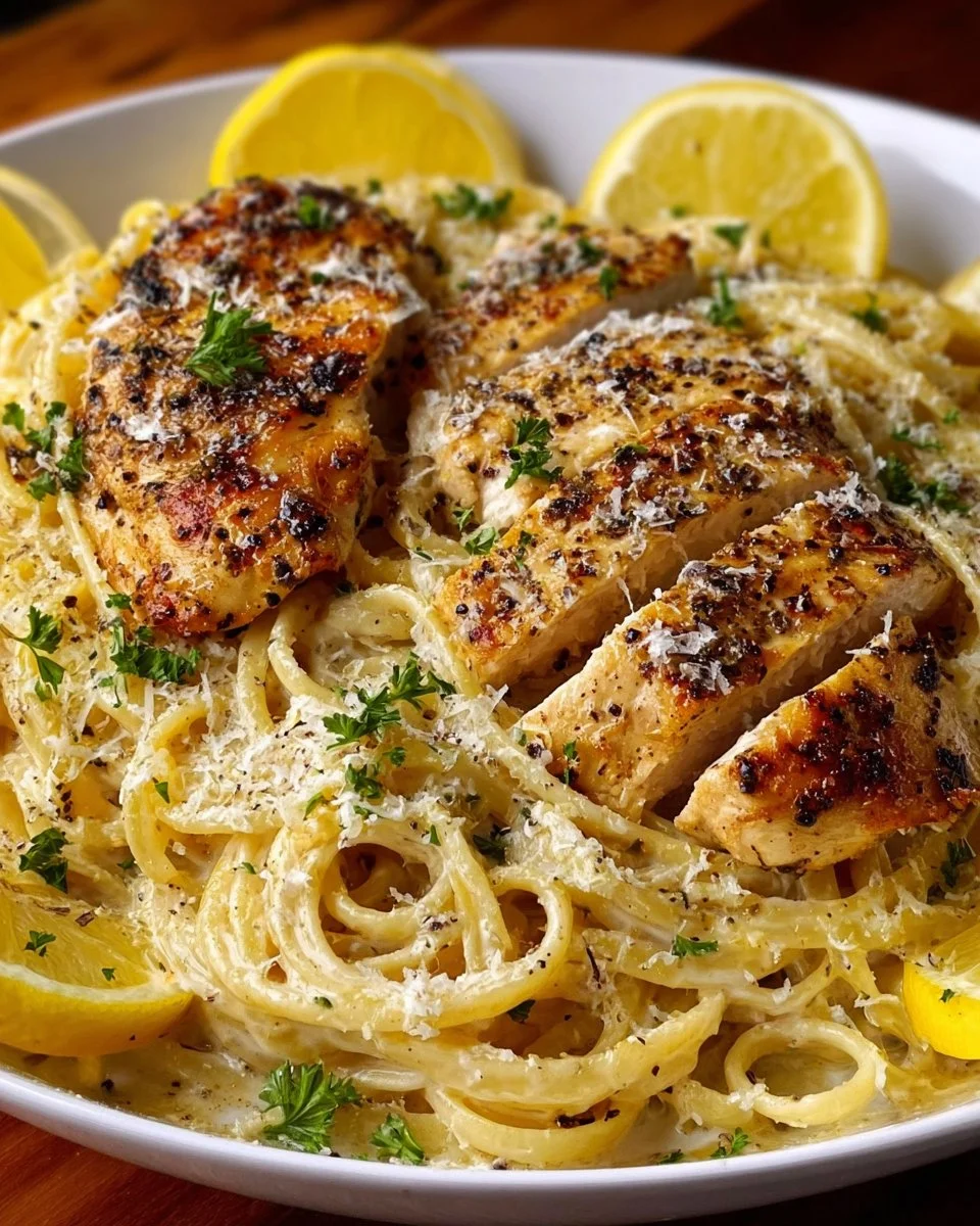 Delicious plate of Lemon Chicken Pasta with herbs and zest