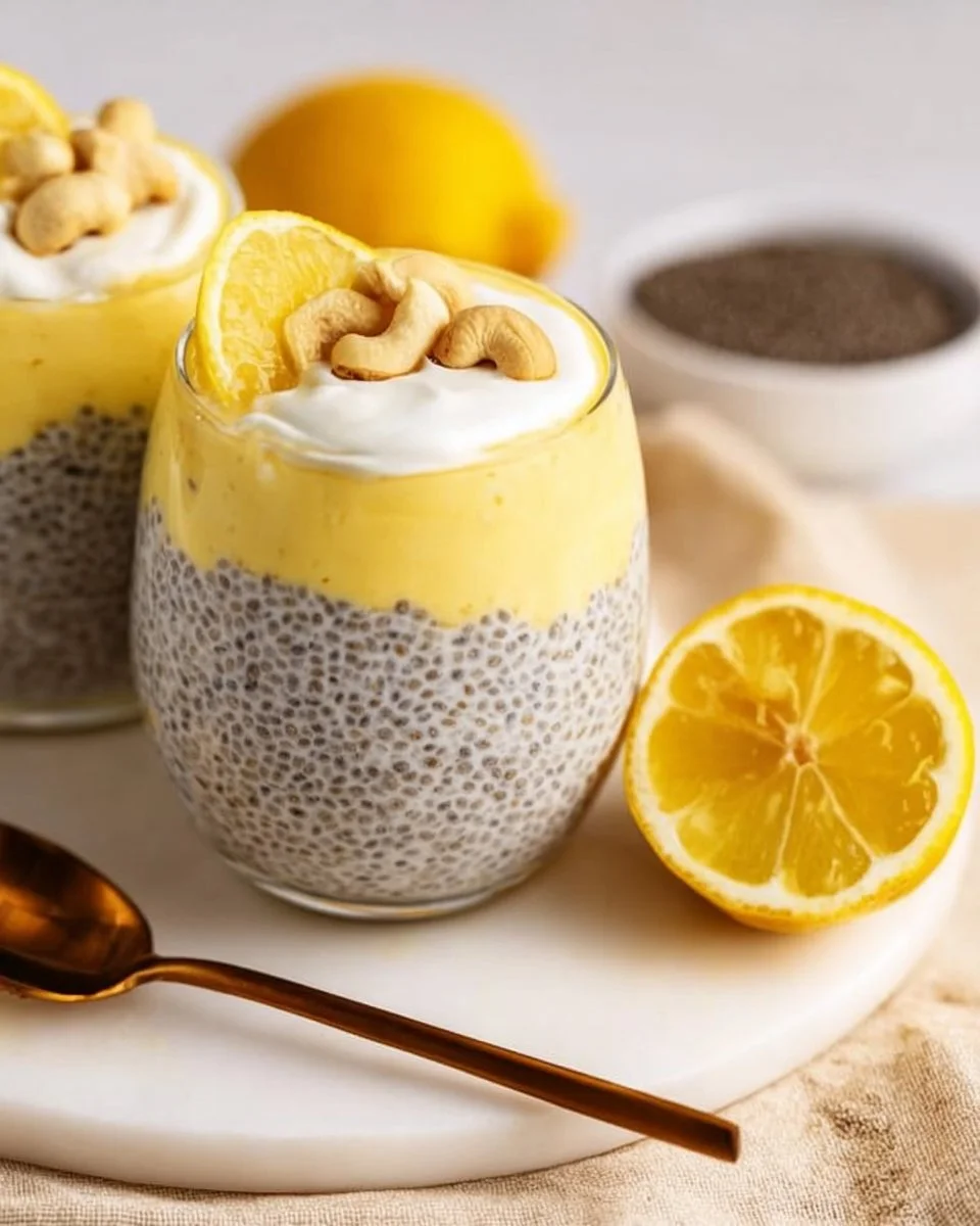 Lemon cream chia pudding topped with fresh fruits and served in a glass.