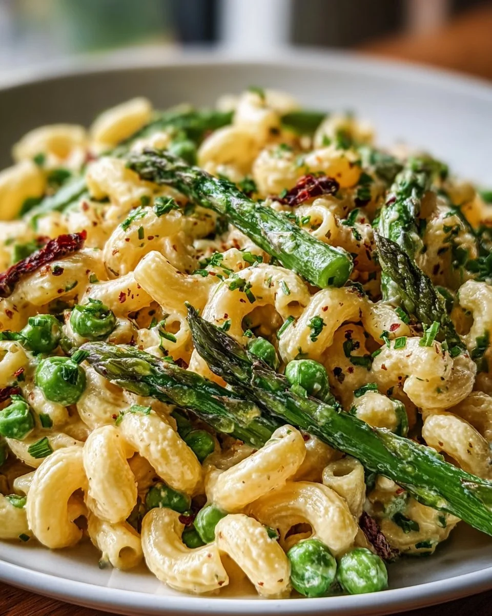 Lemon-Dijon Asparagus and Pea Macaroni Salad in a bowl, garnished with fresh herbs.