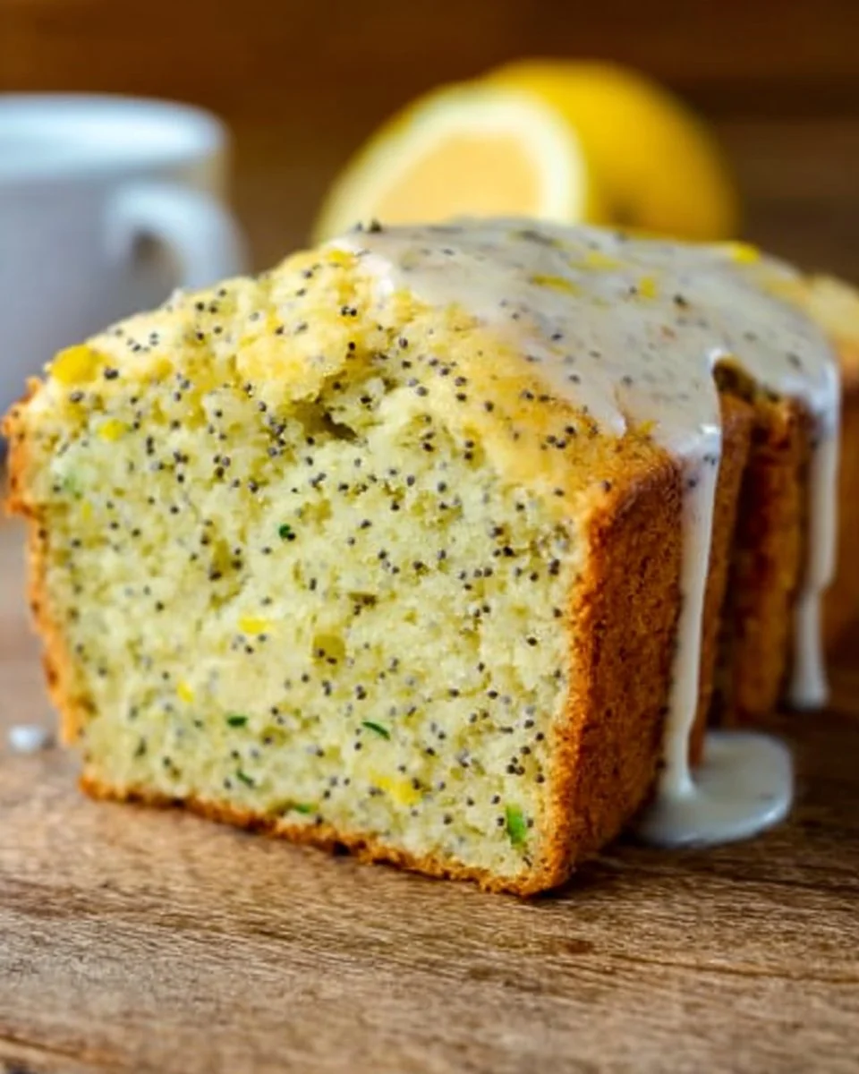 Delicious slice of lemon poppy seed zucchini bread on a rustic wooden table.