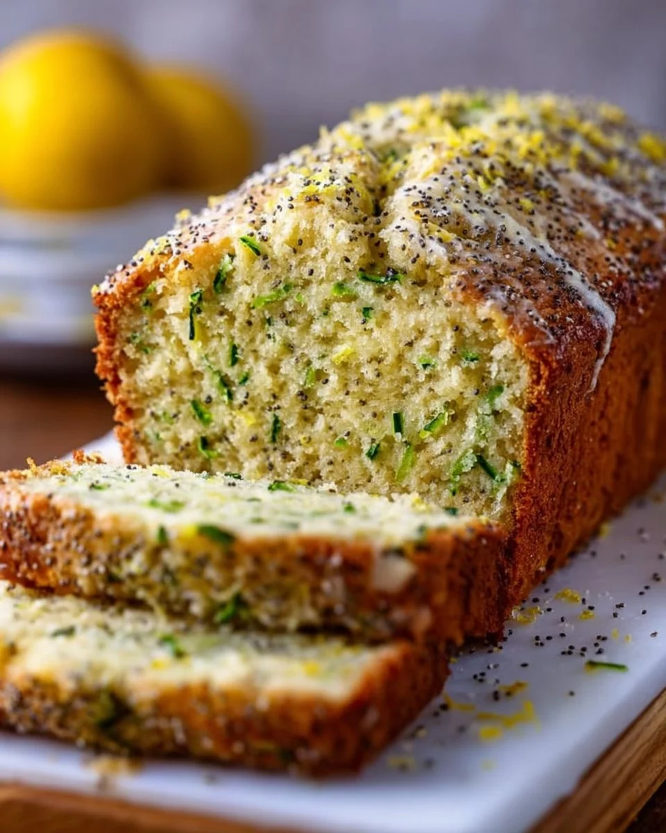 Slice of lemon poppy seed zucchini bread with lemon zest garnish.