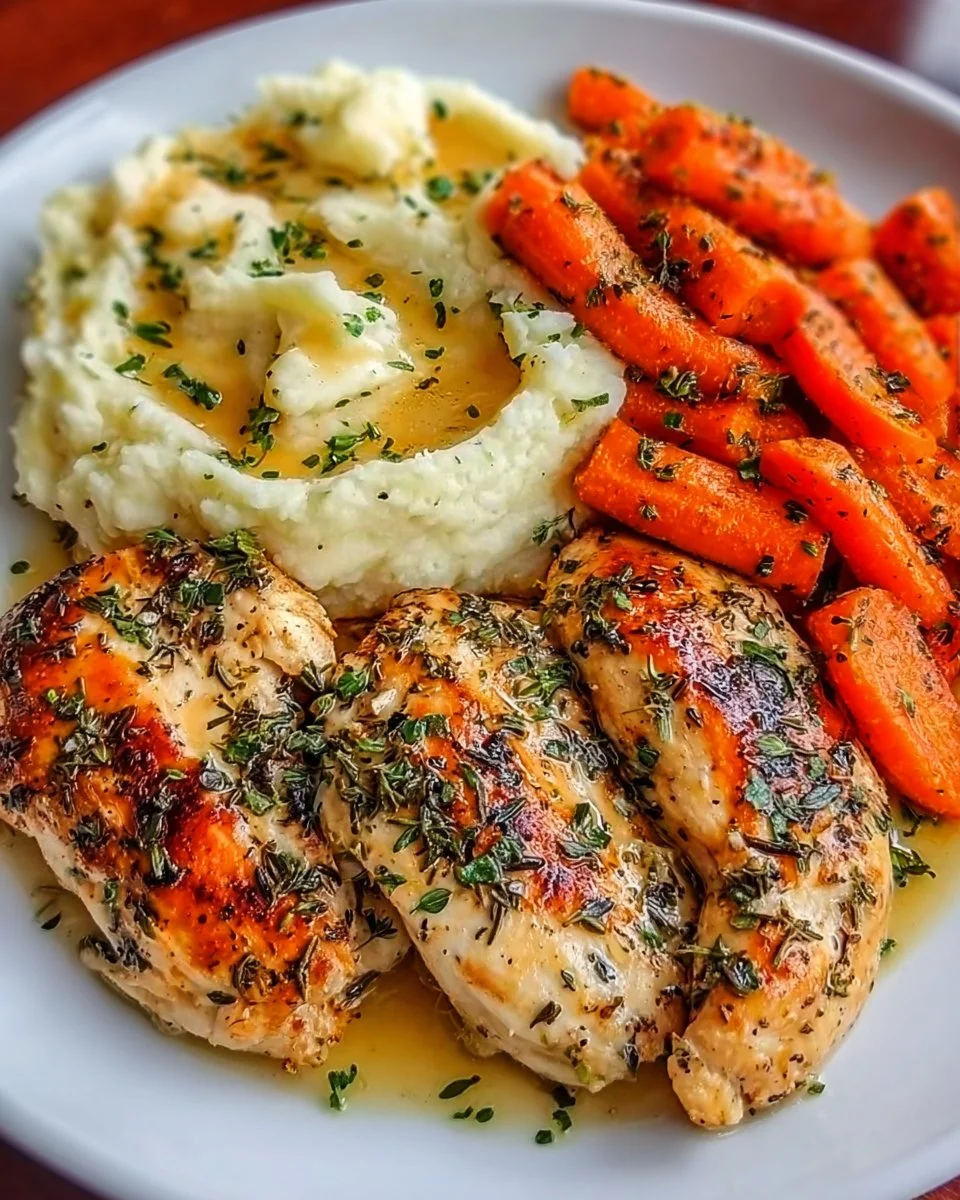 Plate of garlic herb chicken served with mashed potatoes and glazed carrots