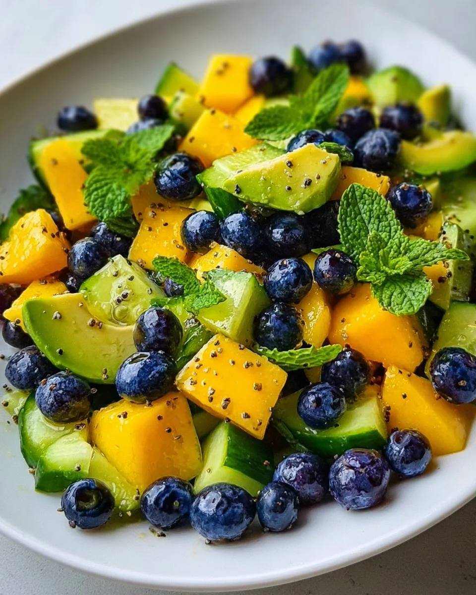 Mango Cucumber Salad with Blueberries and Avocado in a bowl