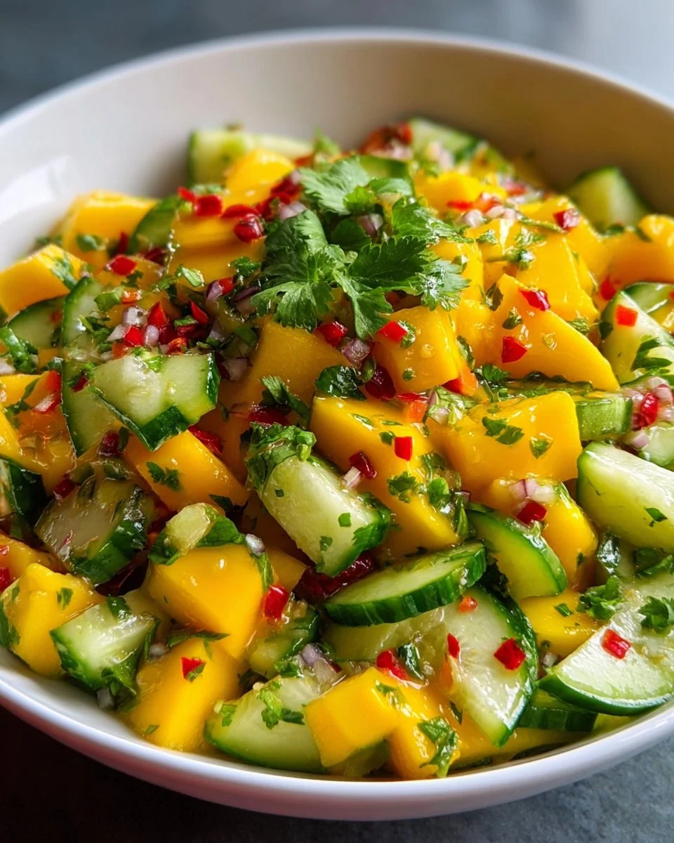 Bowl of mango cucumber salad with chili lime dressing garnished with cilantro