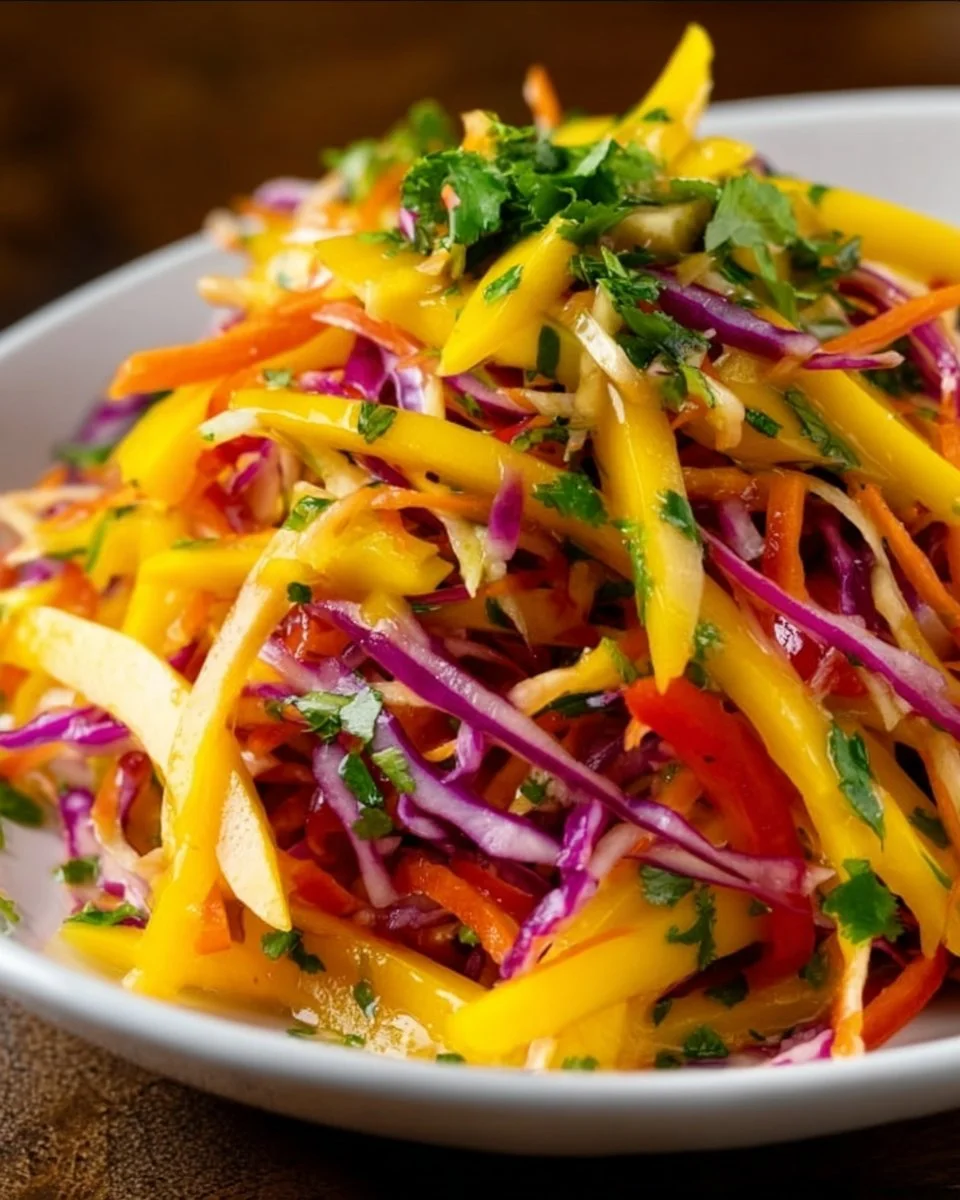 Vibrant mango slaw made with fresh mango, cabbage, and herbs