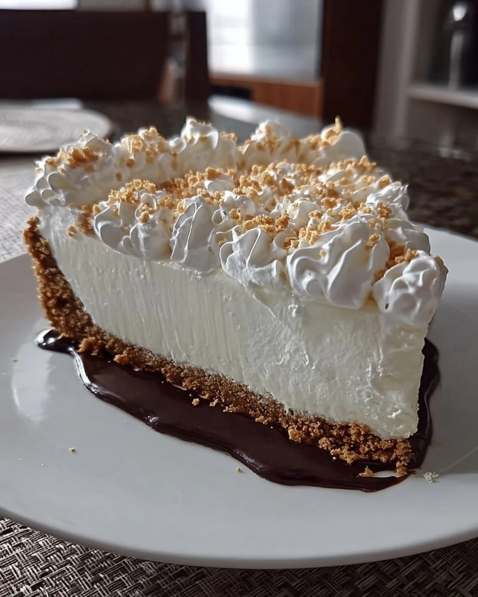 Delicious Marshmallow Whip Cheesecake topped with fluffy marshmallow and drizzled sauce