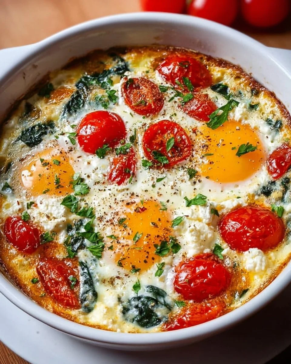 Plate of Mediterranean baked eggs with feta cheese and herbs