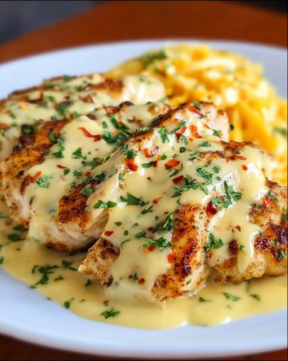 Mexican chicken with creamy cheese sauce on a plate, garnished with herbs.
