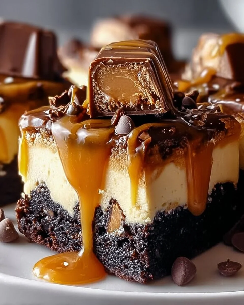Milky Way Caramel Cheesecake Brownies topped with chocolate and caramel drizzle