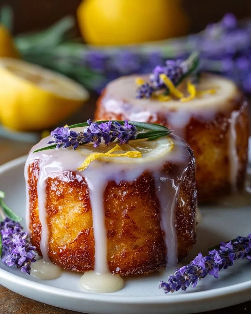 Mini lemon cakes with lavender glaze served on a plate