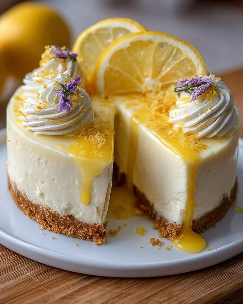 No-bake lemon cheesecake topped with fresh lemon zest and berries.
