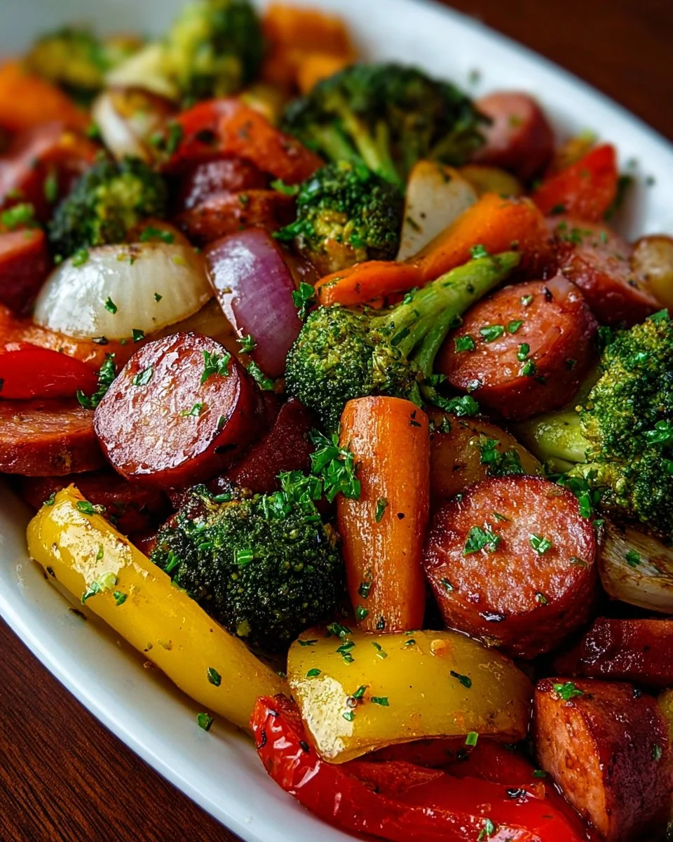 One-Pan Honey Garlic Kielbasa with colorful veggies in a skillet