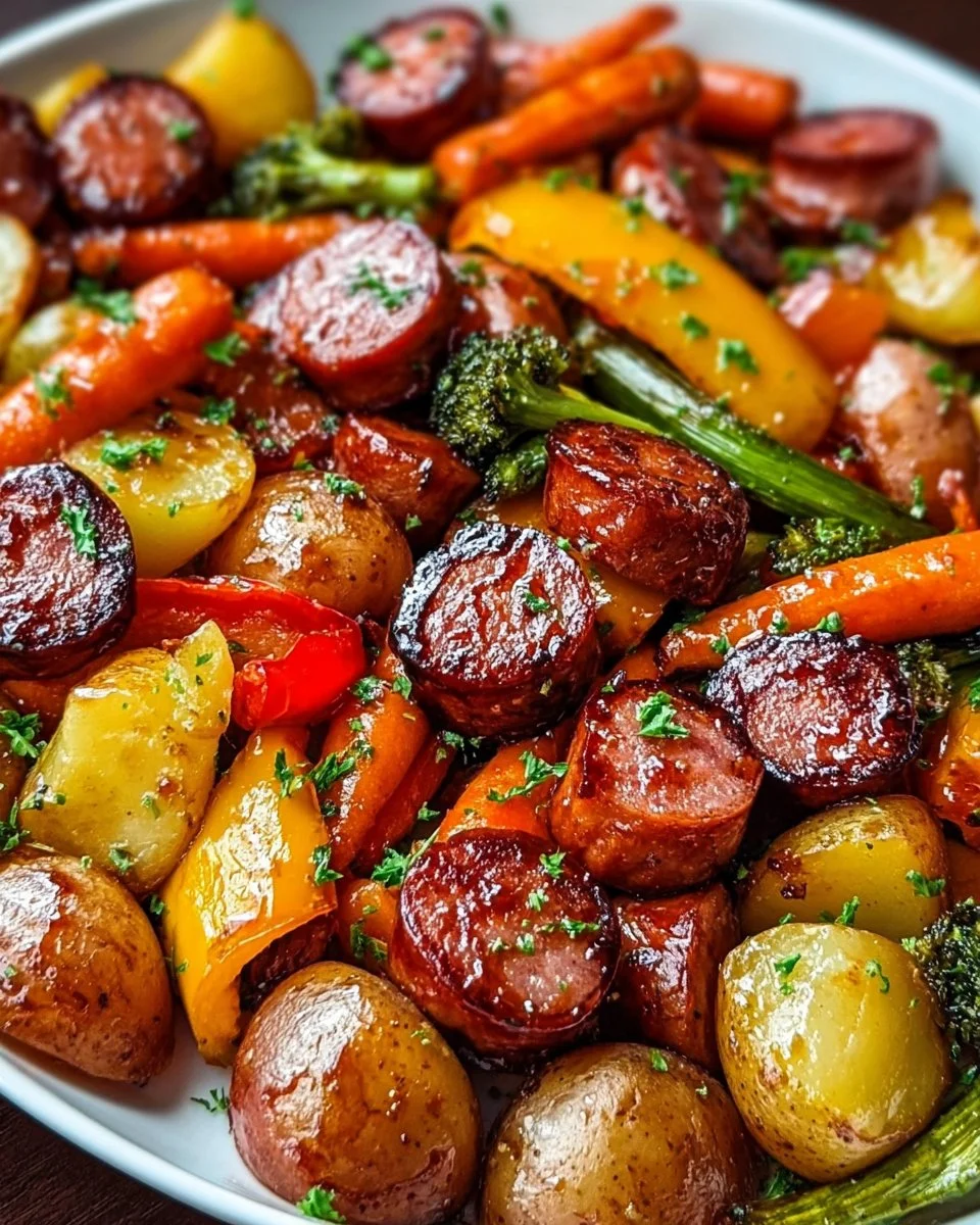 One-Pan Honey Garlic Kielbasa with colorful veggies in a skillet