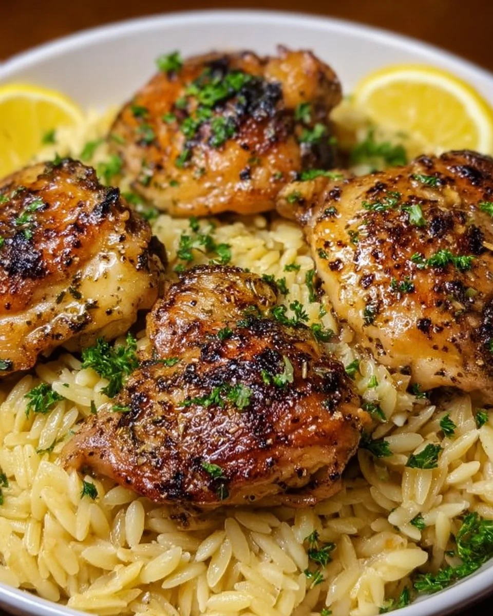 One Pan Lemon Garlic Chicken Thighs served with Orzo on a plate