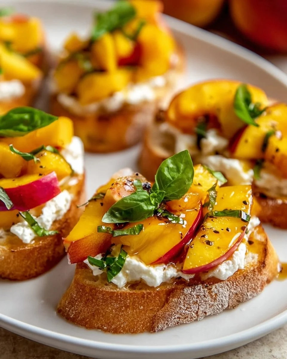 Peach Bruschetta with Goat Cheese and Honey on a rustic wooden board