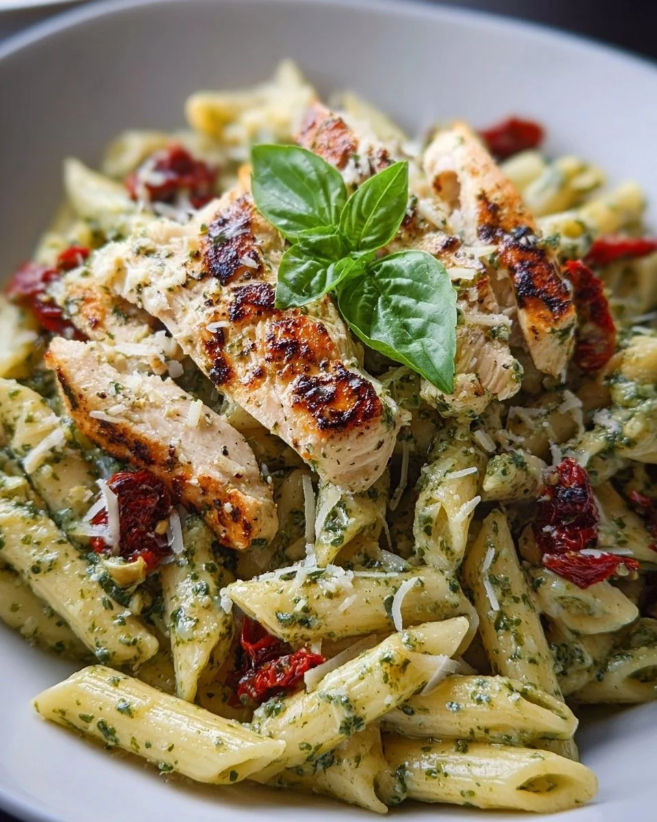 Delicious pesto pasta with chicken garnished with fresh basil.