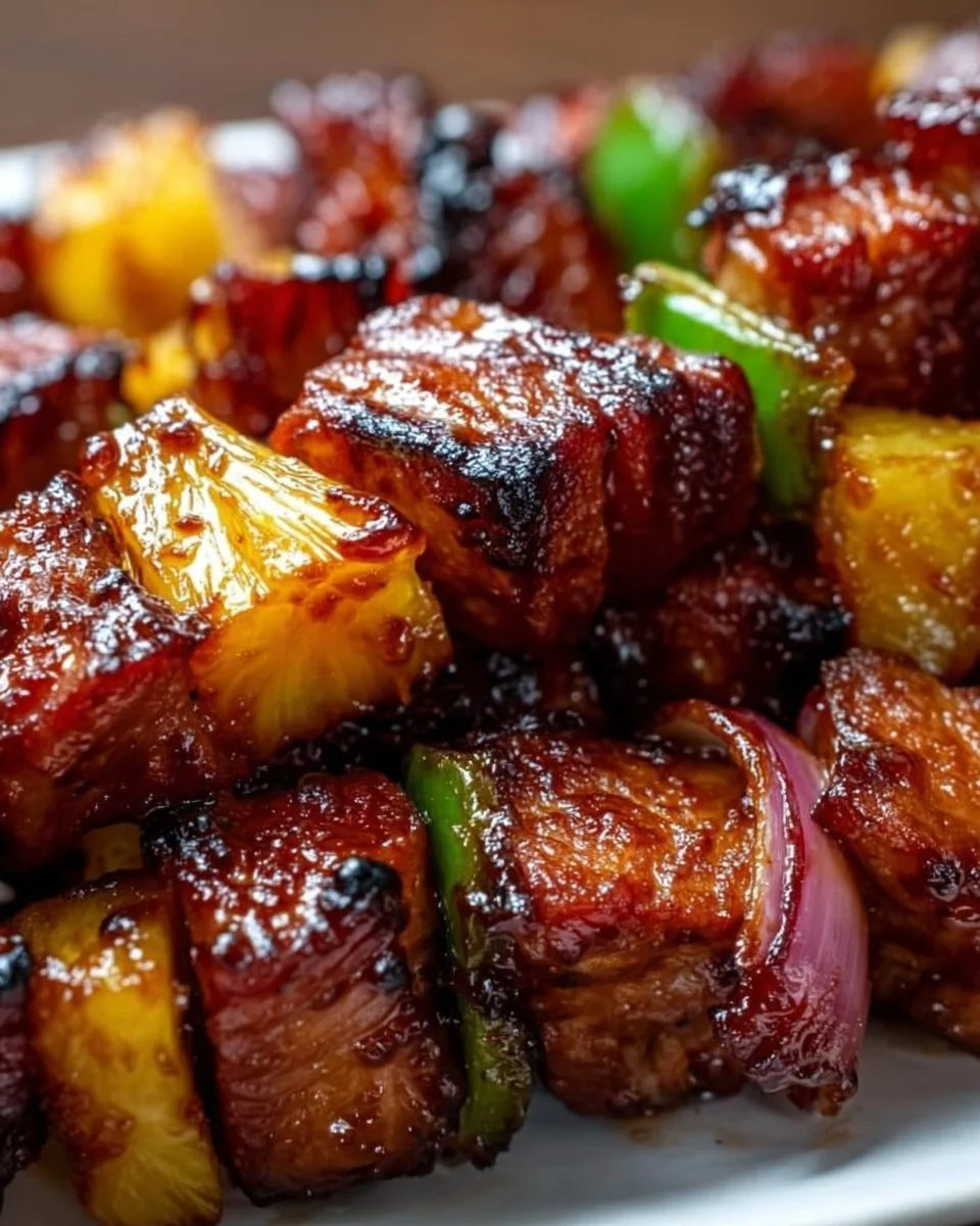 Pineapple BBQ Pork Skewers ready for grilling on a BBQ grill.
